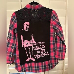 MACHINE GUN KELLY tshirt upcycled COTTON PLAID shirt w lace shoulders Med